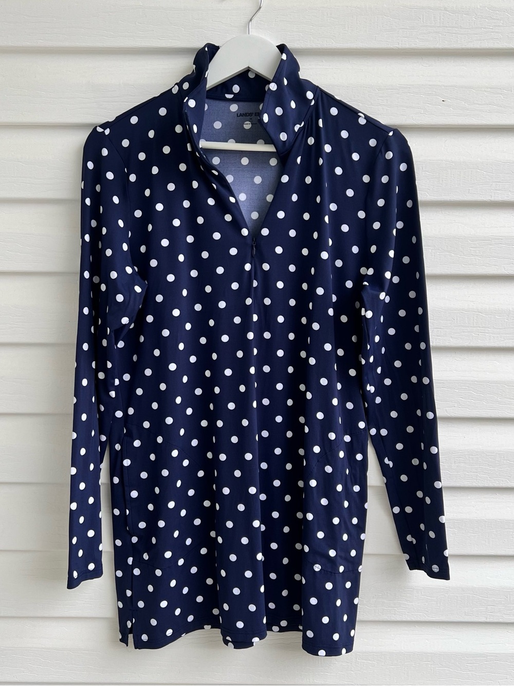 Lands’ End Navy White Polka Dot Quarter Zip Swim Tunic Rash Guard Size M